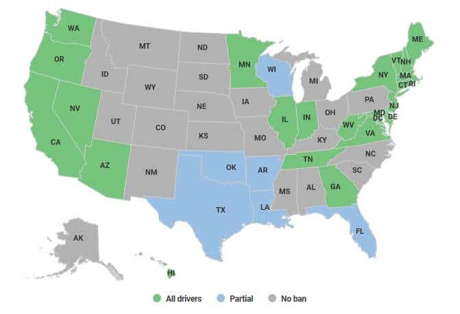 Map of states were a handheld while driving ban is in effect.
