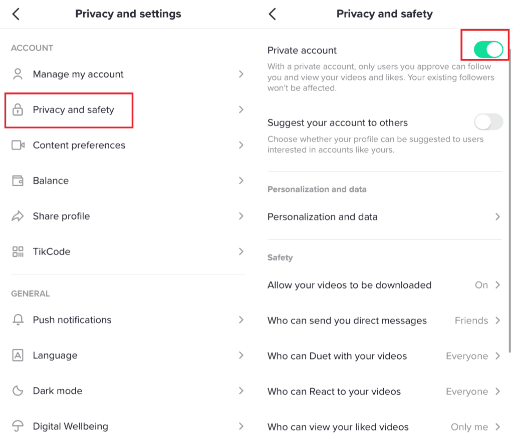 Privacy settings screen.