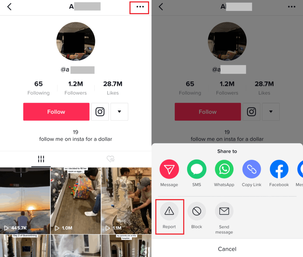 Reporting a TikTok account.
